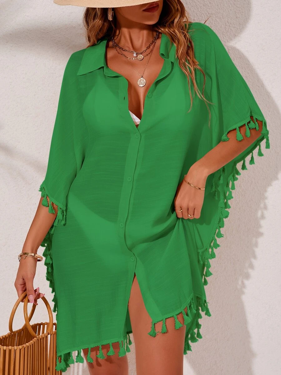 SHEIN Swim Tassel Trim Batwing Sleeve Button Front Kimono,Summer Beach - Green - View 1