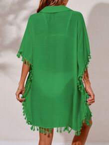 SHEIN Swim Tassel Trim Batwing Sleeve Button Front Kimono,Summer Beach - Green - View 2