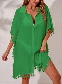 SHEIN Swim Tassel Trim Batwing Sleeve Button Front Kimono,Summer Beach - Green - View 5