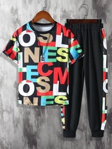 SHEIN Cậu bé Tween Đồ họa Chữ cái Áo thun & quần thể thao - màu đen - Xem 1