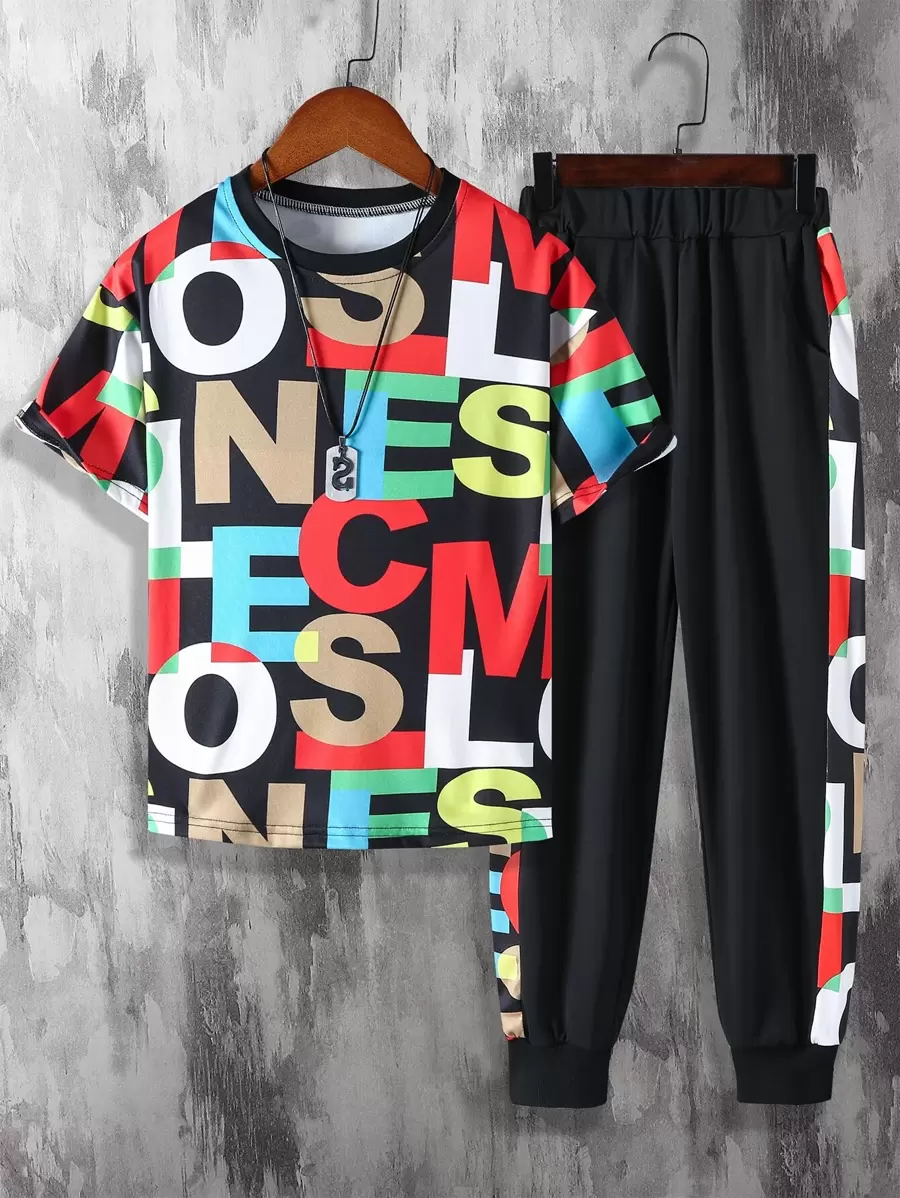 SHEIN Cậu bé Tween Đồ họa Chữ cái Áo thun & quần thể thao - màu đen - Xem 1