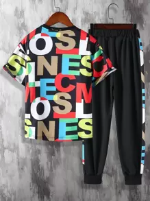 SHEIN Cậu bé Tween Đồ họa Chữ cái Áo thun & quần thể thao - màu đen - Xem 2