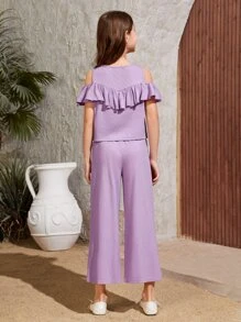 SHEIN Chicas de hombros descubiertos ribete con fruncido Top & Pantalones de pierna ancha - Lila Púrpura - Ver 2