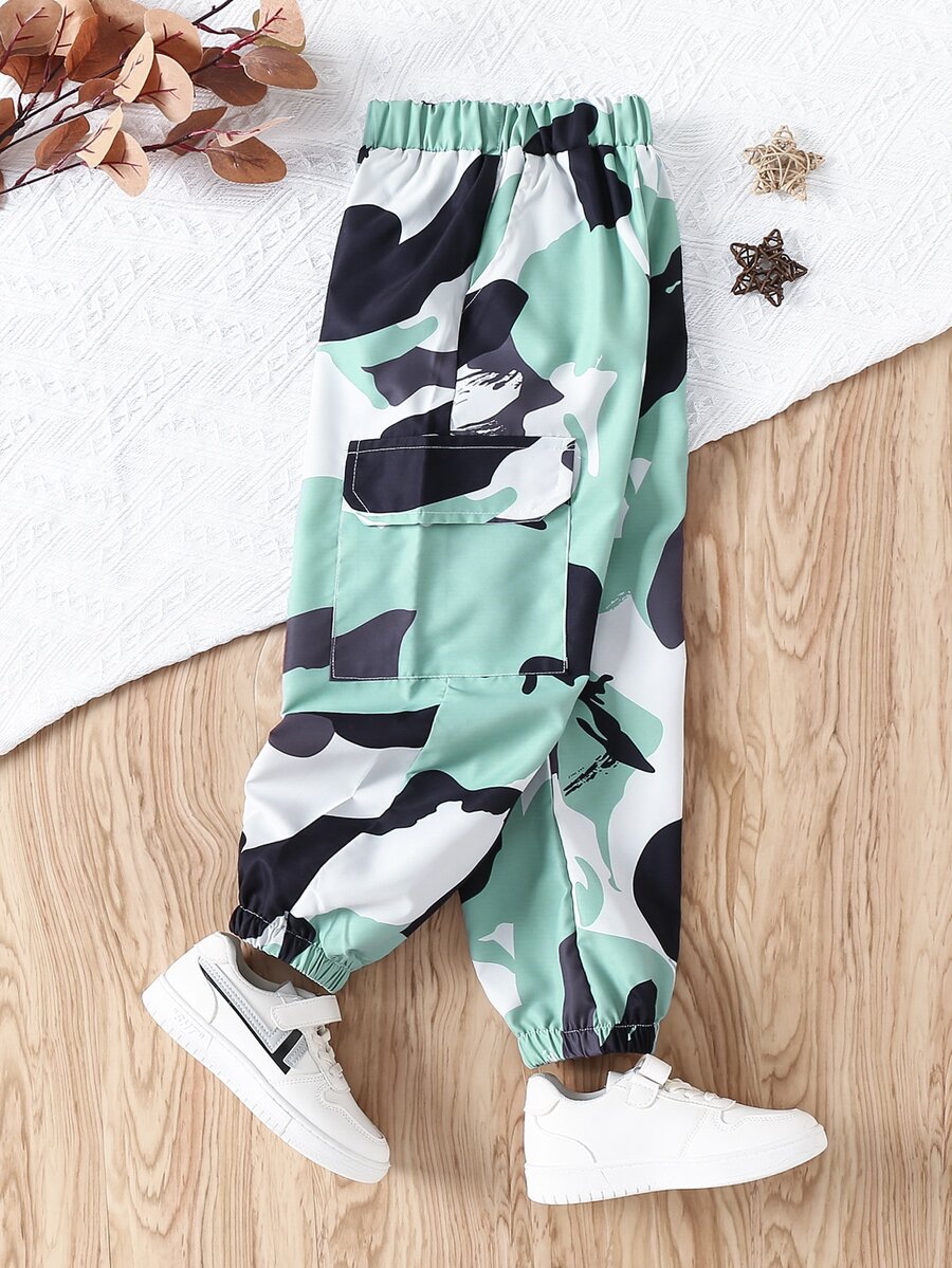 SHEIN 男孩迷彩印花翻蓋口袋工裝褲