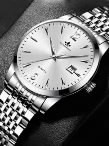 男士圓形指針日期石英手錶 - 白色 - 查看 1