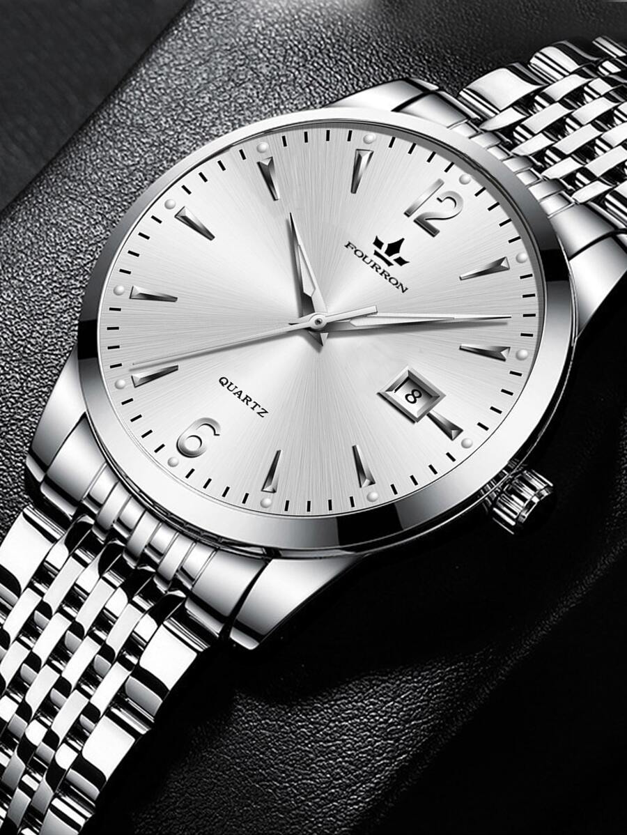 男士圓形指針日期石英手錶 - 白色 - 查看 1