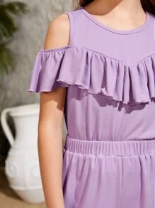 SHEIN Chicas de hombros descubiertos ribete con fruncido Top & Pantalones de pierna ancha - Lila Púrpura - Ver 5