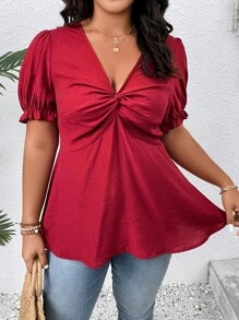 SHEIN Clasi Plus Twist Front Puff Sleeve Peplum Blouse - Burgundy - View 3