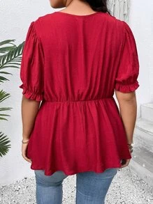 SHEIN Clasi Plus Twist Front Puff Sleeve Peplum Blouse - Burgundy - View 4