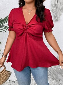 SHEIN Clasi Plus Twist Front Puff Sleeve Peplum Blouse - Burgundy - View 1
