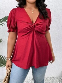 SHEIN Clasi Plus Twist Front Puff Sleeve Peplum Blouse - Burgundy - View 5