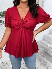 SHEIN Clasi Plus Twist Front Puff Sleeve Peplum Blouse - Burgundy - View 6