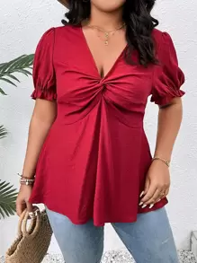SHEIN Clasi Plus Twist Front Puff Sleeve Peplum Blouse - Burgundy - View 2