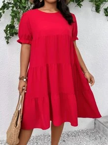 SHEIN LUNE Vestido evasé con manga abullonada y volante para Año Nuevo - Rojo - Ver 2