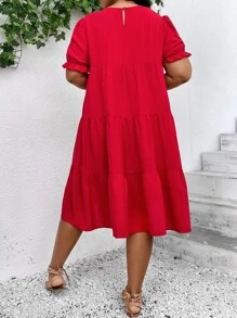 SHEIN LUNE Vestido evasé con manga abullonada y volante para Año Nuevo - Rojo - Ver 3