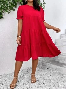 SHEIN LUNE Vestido evasé con manga abullonada y volante para Año Nuevo - Rojo - Ver 1
