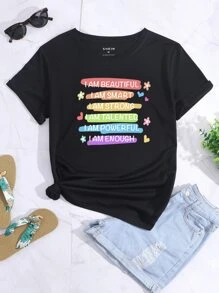 INAWLY Floral & Slogan Graphic Tee - Black - View 1