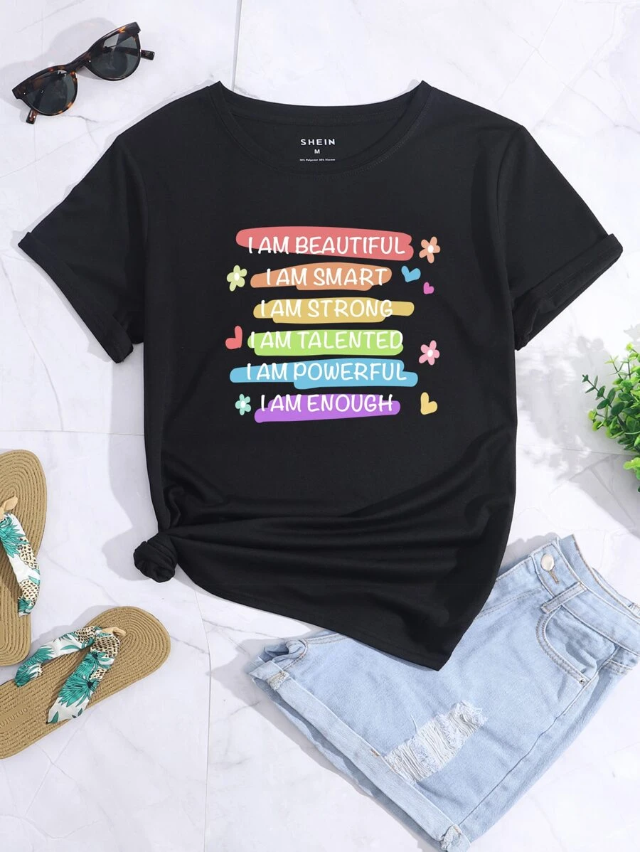 INAWLY Floral & Slogan Graphic Tee - Black - View 1