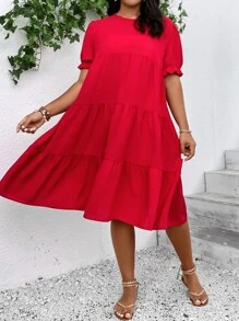 SHEIN LUNE Vestido evasé con manga abullonada y volante para Año Nuevo - Rojo - Ver 5