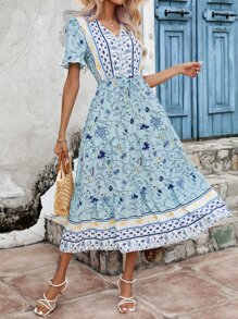 Mulvari Vestido con estampado floral de manga con volante bajo con fruncido - Multicolor - Ver 3