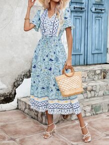 Mulvari Vestido con estampado floral de manga con volante bajo con fruncido - Multicolor - Ver 4