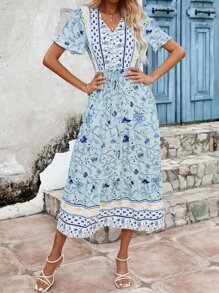 Mulvari Vestido con estampado floral de manga con volante bajo con fruncido - Multicolor - Ver 5