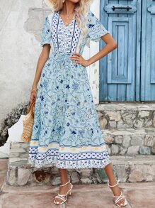 Mulvari Vestido con estampado floral de manga con volante bajo con fruncido - Multicolor - Ver 6