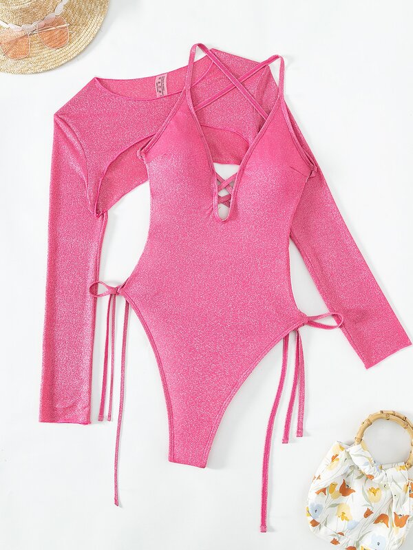 Lace Up Backless One Piece Swimsuit With Cover Up SHEIN USA