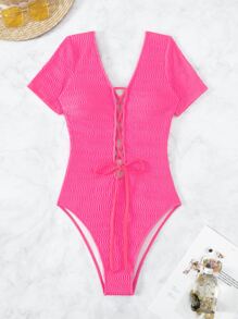Lace Up Front One Piece Swimsuit - Hot Pink - View 6