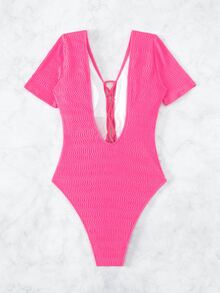 Lace Up Front One Piece Swimsuit - Hot Pink - View 2