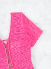 Lace Up Front One Piece Swimsuit - Hot Pink - View 5