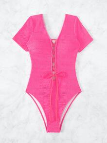 Lace Up Front One Piece Swimsuit - Hot Pink - View 4