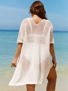 Plus Batwing Sleeve Split Hem Cover Up Dress Without Bikini - White - View 2