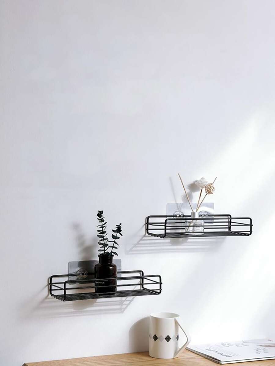 1pc Carbon Steel Wall Mounted Storage Rack, Minimalist Black Punch-free Storage Rack For Home - Black - View 1