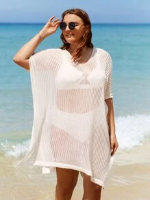 Plus Batwing Sleeve Split Hem Cover Up Dress Without Bikini - White - View 3