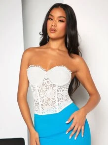 SHEIN BAE Solid Lace Tube Top - White - View 3