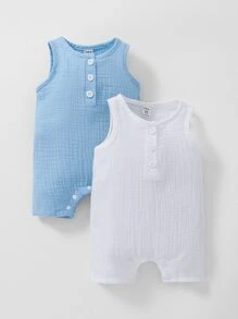 Newborn Baby 2pcs Half Button Tank Romper - Blue and White - View 1