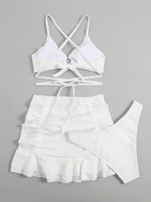 SHEIN Swim Summer Beach Solid Bikini Set O-Ring Detail Criss Cross Bra & Bikini & Drawstring Ruched Beach Skirt 3 Pieces Bikini - White - View 2