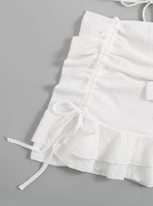 SHEIN Swim Summer Beach Solid Bikini Set O-Ring Detail Criss Cross Bra & Bikini & Drawstring Ruched Beach Skirt 3 Pieces Bikini - White - View 4