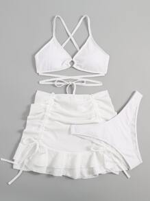 SHEIN Swim Summer Beach Solid Bikini Set O-Ring Detail Criss Cross Bra & Bikini & Drawstring Ruched Beach Skirt 3 Pieces Bikini - White - View 5