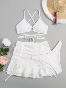SHEIN Swim Summer Beach Solid Bikini Set O-Ring Detail Criss Cross Bra & Bikini & Drawstring Ruched Beach Skirt 3 Pieces Bikini - White - View 6