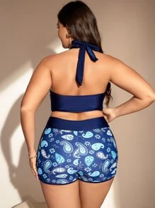 Plus Size Paisley Print Tie Front Halter Bikini Set Summer Beach - Blue - View 2
