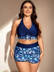Plus Size Paisley Print Tie Front Halter Bikini Set Summer Beach - Blue - View 3