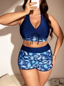Plus Size Paisley Print Tie Front Halter Bikini Set Summer Beach - Blue - View 4