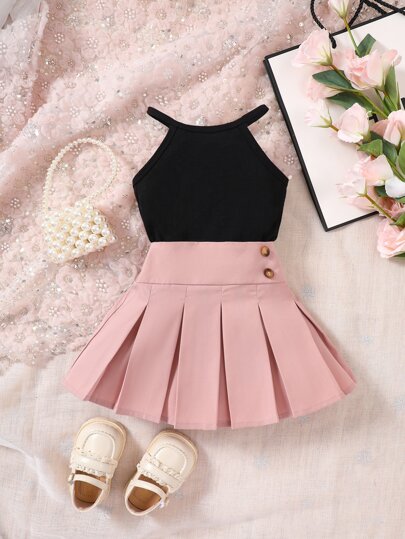 SHEIN Baby Girl Halter Neck Top And Pleated Skirt 2-Piece Set