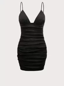 SHEIN ICON 金屬亮絲褶邊吊帶緊身連衣裙