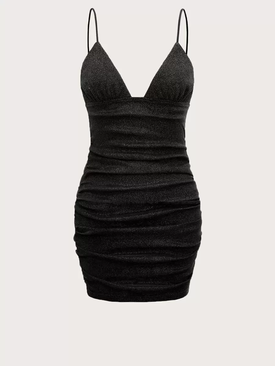 SHEIN ICON 金屬亮絲褶邊吊帶緊身連衣裙