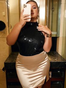 SHEIN SXY 大碼亮片掛脖上衣 - 黑色 - 查看 4