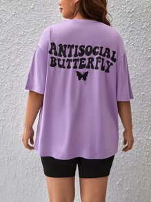 SHEIN EZwear 大碼字母圖案落肩T恤 - 紫丁香色 - 查看 2