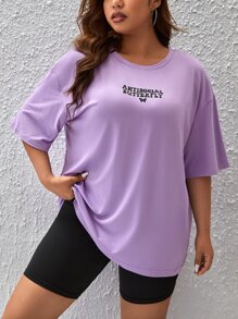 SHEIN EZwear 大碼字母圖案落肩T恤 - 紫丁香色 - 查看 3